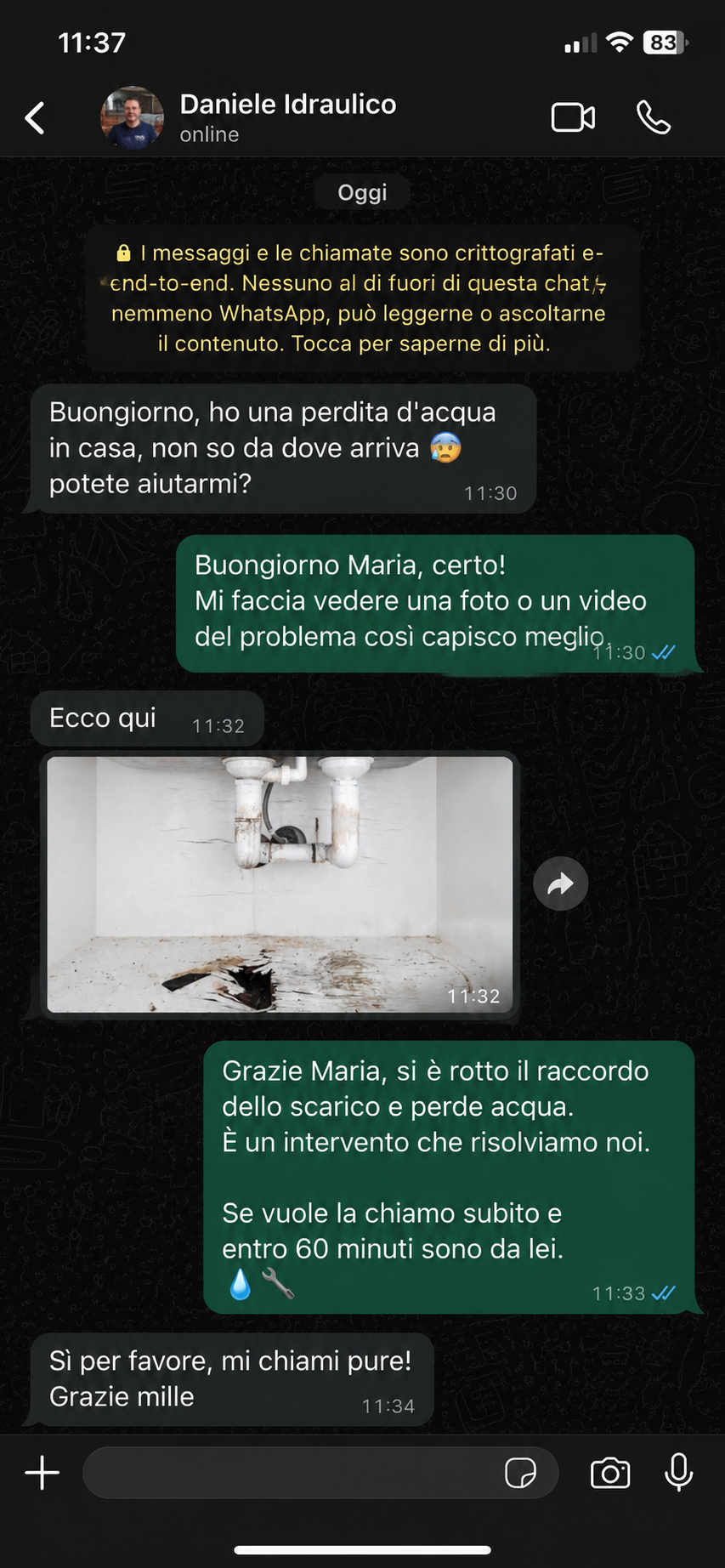 Screenshot WhatsApp WC che perde
