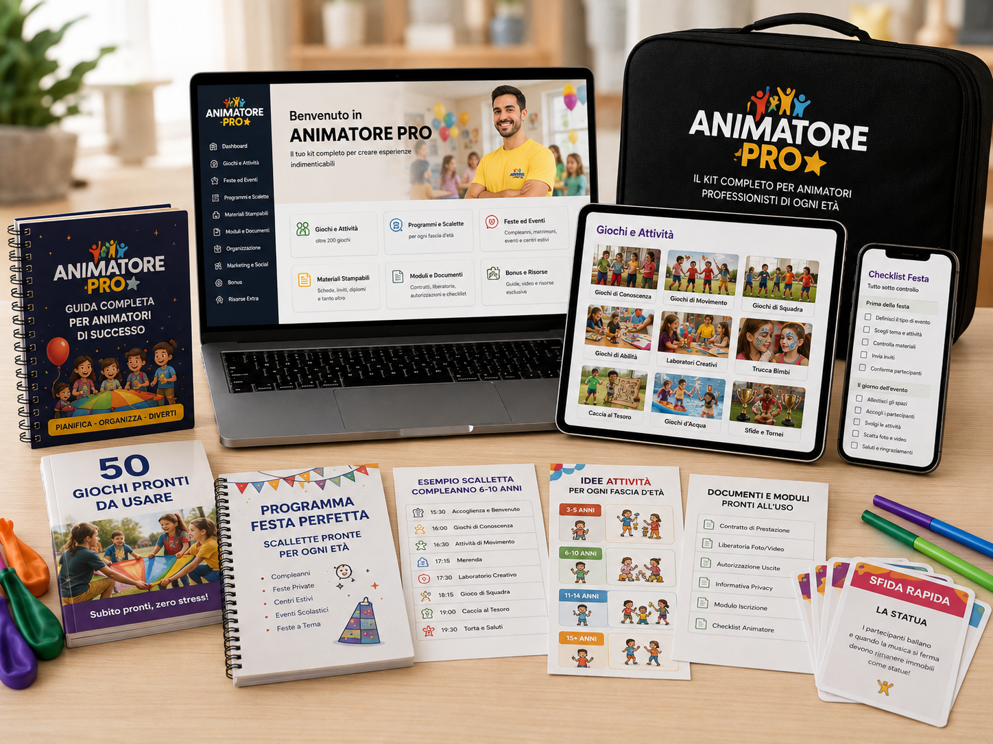 Mockup completo del kit Animatore Pro